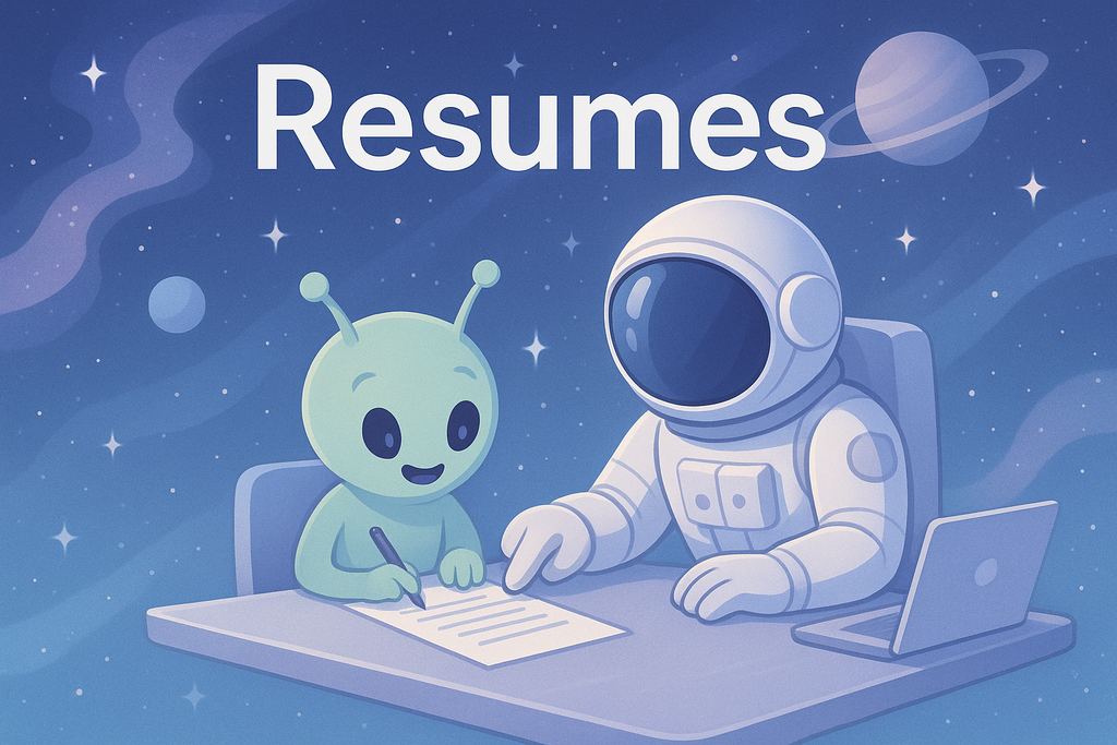 Resumes product image with alien being taught by astronaut